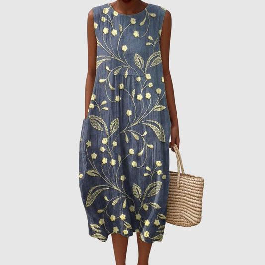 Freya | Women's Vintage Floral Pattern Art Print Sleeveless Pocket Wrap Dress