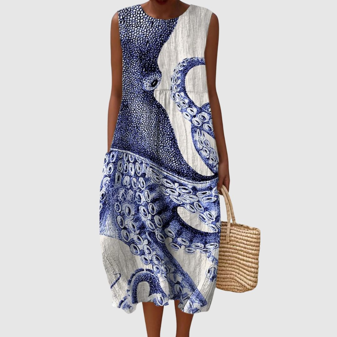 Beatrice | Women's Vintage Octopus Art Print Sleeveless Pocket Wrap Dress