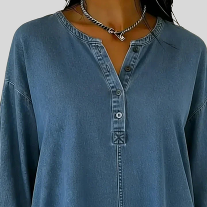 Parielle | Button Down V-neck Denim Top