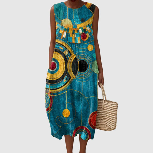 Eliza | Women's Geometric Pattern Art Print Sleeveless Pocket Wrap Dress