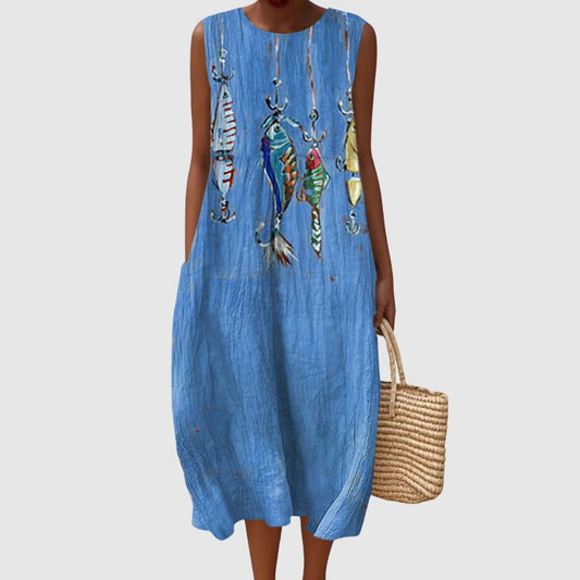 Thea | Women's Fish Vintage Art Print Sleeveless Pocket Wrap Dress