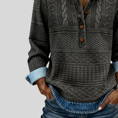 Velmora | Textured Knit Button-Collar Top