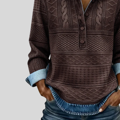 Velmora | Textured Knit Button-Collar Top