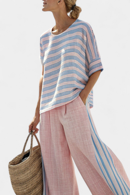 Virella | Elegant Pink-Blue Linen Blouse & Soft Trousers