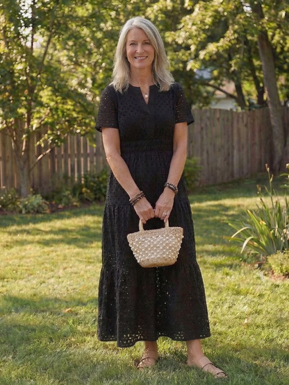 Virelle | Short Sleeve Eyelet Tiered Midi Dress