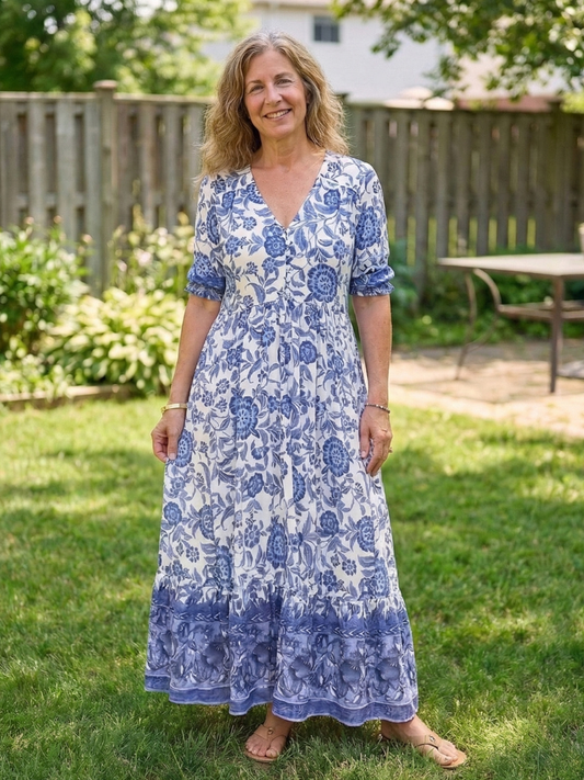 Isolde | Short Sleeve V Neck Floral Midi Dress