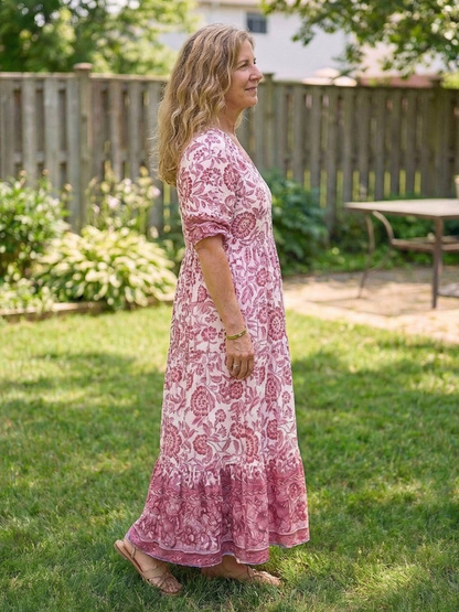 Isolde | Short Sleeve V Neck Floral Midi Dress