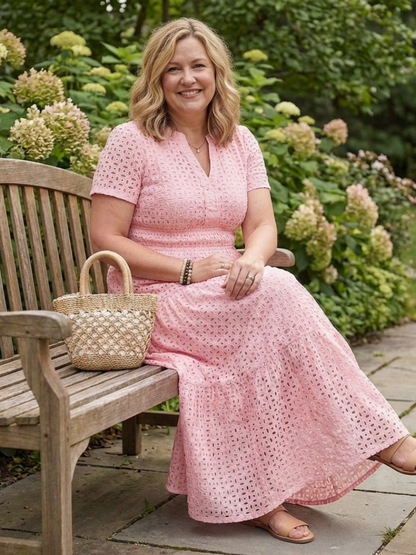 Virelle | Short Sleeve Eyelet Tiered Midi Dress