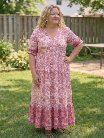Isolde | Short Sleeve V Neck Floral Midi Dress